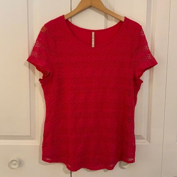 Leo & Nicole Pink Crochet Lace Overlay Short Sleeve Top XL - Picture 1 of 10